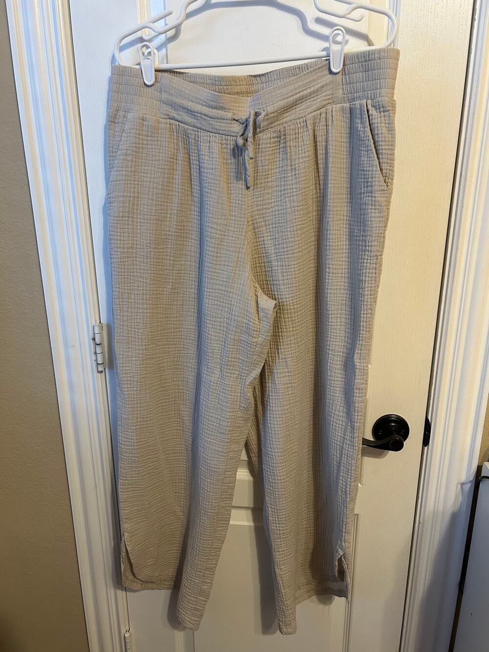 Slub Cotton Cream Wide Leg Loose Pants XL Drawstring